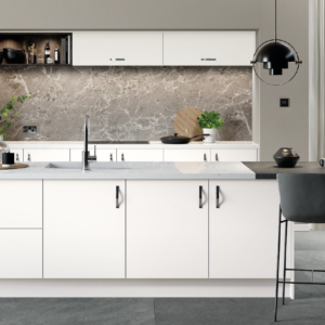 modern kitchen in white with cashmere coloured walls and stone effect backsplash
