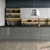 gloss dust grey and matt white kitchen featuring handleless doors